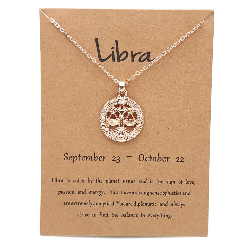 Libra Zodiac Necklace Rose Gold Plated Scales Pendant Astrology Jewelry 18in
